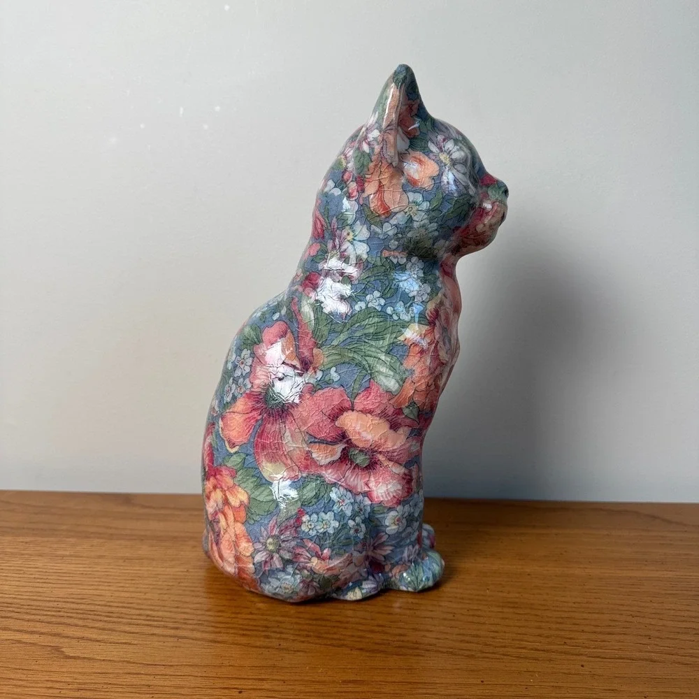 Vintage Floral‎ Cat Figurine Ceramic Sitting Kitten Home Decor Collectible
